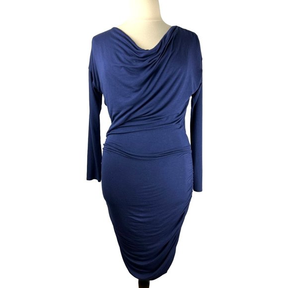Body Con Athleta Solstice Navy Blue Draped Neck Midi Dress, Women's Size Medium - Picture 2 of 9